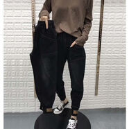凡摩喬黑色加絨加厚牛仔褲女束腳哈倫褲秋季新款寬松休閑跨褲九分褲 黑色 S 90-95斤