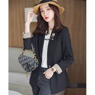櫻芭妮小西裝外套女春秋季流行韓版直筒小眾設計感免燙小西服上衣后開叉 8831黑色西裝（胸針 ）不開叉 L （106斤-115斤）