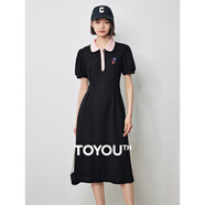 初語polo領(lǐng)連衣裙收腰顯瘦女2024夏季新款a字裙短袖t恤高腰中長裙 黑色 M