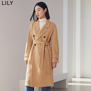 LILY冬新款女裝舒適保暖全綿羊毛高級感純色寬松毛呢大衣外套 710咖啡 L