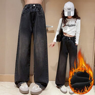 樂(lè )班比女童褲子兒童春秋加絨冬款中大童牛仔長(cháng)褲女孩秋季兒童闊腿褲 做舊黑色加絨 160(建議身高150CM)