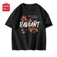 名創(chuàng)優(yōu)品（MINISO）純棉t恤男夏季2025新款衣服青少年親膚透氣時尚寬松大碼冰感短袖 【100%純棉】黑色(楓與雀) 2XL 185 (體重160-180斤)