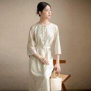 初蟬衣事新中式國風(fēng)收腰連衣裙春夏優(yōu)雅高端茶服復古印花日常氣質(zhì)女裝 杏色 S （現貨）