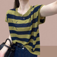 恰凡（QIAFAN）t恤衫2025夏季新款女士針織衫短袖t恤條紋da碼女裝遮肚子上衣體恤 綠色條紋 M 建議100斤以?xún)?
                                         title=