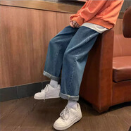 威覺（WEIJUE）牛仔褲男夏季褲子男士寬松直筒工裝闊腿純色休閑褲九分長褲 腰帶款藍(lán)色 XL （110斤-145斤）