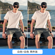 依衣尼純棉純色短袖T恤男款白色半袖夏季衣服體恤純白打底衫 白色+白色(2件裝) M （95-105斤)