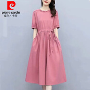 皮爾卡丹（pierre cardin）時(shí)尚減齡細(xì)棉麻連衣裙女夏季收腰顯瘦休閑中長(zhǎng)款大擺裙【有口袋】 桃紅色 L:110-120斤