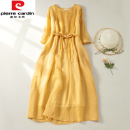 皮爾卡丹（pierre cardin）苧麻連衣裙森女系帶風(fēng)琴褶短袖棉亞麻長袍子2025新款 黃色(少量現(xiàn)貨) M 【建議95-115斤】