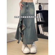 風采兔 荷花邊開叉牛仔半身裙女夏季復古藍不規(guī)則設計感高腰魚尾顯瘦裙 復古藍 L