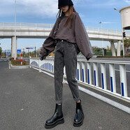 EAEOVNI 牛仔褲女新款哈倫褲胖大mm碼高腰加絨休閑老爹寬松褲子女裝顯瘦 E859灰色九分 2XL 【145-160斤】