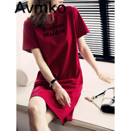潮牌Avmko連衣裙女夏季2022新款短袖T恤裙寬松韓版中長款紅色洋氣休閑A字連衣裙 紅色 M 80-95斤
