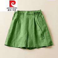 皮爾卡丹（pierre cardin）純色亞麻闊腿短褲女夏季薄款垂感系帶顯瘦休閑褲百搭棉麻字熱褲針 綠色 M 【90-105斤】