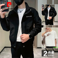 皮爾卡丹（pierre cardin）潮牌痞帥工裝外套夾克男裝春秋冬潮流刺繡2024新款高級感休閑衣服 黑色+白色品質(zhì)短袖T恤 M