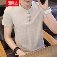 在佐短袖t恤男高端輕奢男裝高檔T恤男短袖秋季新款復古上衣冰絲體恤 卡其色 XL