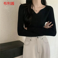 麥叢 時(shí)尚V領(lǐng)坑條長(zhǎng)袖針織衫女秋冬新款修身顯瘦毛衣內(nèi)搭打底短款上衣 黑色 M 【建議90斤-105斤】