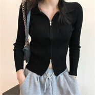polo領(lǐng)針織開(kāi)衫女薄款早秋新款修身顯瘦短款雙頭拉鏈長(zhǎng)袖上衣 黑色 M
