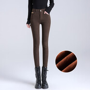 丹仔 米色牛仔褲女小腳褲2021新款秋冬高腰加絨加厚女褲彈力顯瘦緊身鉛筆褲長(cháng)褲 咖啡色加長(cháng)加絨 30碼 二尺三