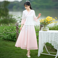 妖妮旗袍漢服女成人年輕日常2025夏裝新中式國(guó)風(fēng)棉麻雪紡裙兩件套6353 粉上衣粉色裙 3XL (建議體重125-135斤）