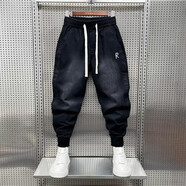 菲尼東爵（FNAADOOG）潮流男士黑灰色牛仔褲秋冬束腳哈倫褲刺繡拼接修身小腳休閑褲 聚寶-K527 L