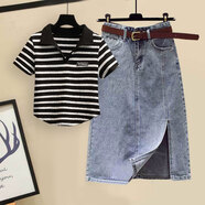 恩若凡搭配半身裙的上衣洋氣百搭款2023夏季韓版顯瘦條紋T恤女時(shí)尚氣質(zhì) 8272黑條紋上衣+6903藍色牛仔裙 M建議80-100斤