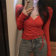 薄款女生顯胸大性感低胸T恤體恤打底衫300斤設計感小眾性感v領(lǐng)抽繩長(cháng)袖t恤女內搭上衣打 桔色 L 建議100-120斤