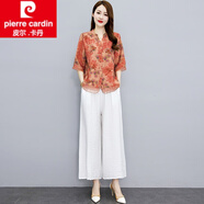 皮爾卡丹（pierre cardin）冰絲棉麻套裝女夏季2026新款時(shí)尚洋氣休閑運動(dòng)雪紡套裝裙褲女裝夏 紅花 L