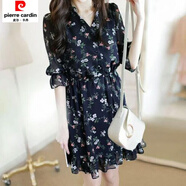 皮爾卡丹小個(gè)子碎花雪紡連衣裙2024夏季新款中袖收腰顯瘦氣質(zhì)小清新裙子 碎花款 藏青色  () M 建議90-105斤