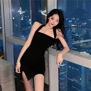 蘭威費雷辣妹掛脖抹胸連衣裙女春夏韓版新款設計感蝴蝶結露背小黑裙子 3 3 1 S