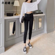 月半晴（YUEBANQING） 2025夏季新款黑色破洞小腳褲女牛仔褲褲女高腰顯瘦修身九分女裝 黑色【8819】 M _【建議95-105斤】