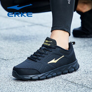 鴻星爾克（ERKE）男鞋運動(dòng)鞋輕便耐磨跑步鞋春夏季紅星皮面透氣防水男士旅游休閑鞋 正黑/金箔色4115 皮面防水 44