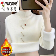 啄木鳥(niǎo)加絨加厚一體絨毛衣女士新款2025秋冬季針織打底衫內搭半高領(lǐng)上衣 米白色 【加絨】 加厚 S 建議75-95斤