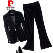 皮爾卡丹針織歐洲站高端金絲絨小西裝外套女春秋時(shí)尚氣質(zhì)洋氣平絨職業(yè)套裝 黑色(一?？?西裝+微喇褲 S