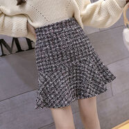 凡摩喬秋冬季高腰不對稱(chēng)格子短裙女韓版學(xué)生毛呢半身裙a字魚(yú)尾裙子 魚(yú)尾黑色 S