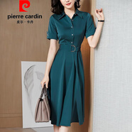 皮爾卡丹（pierre cardin）官方高端法式連衣裙女夏季新款輕熟風(fēng)中長(zhǎng)款大擺顯瘦氣質(zhì)襯衫裙子 品牌旗艦孔雀綠 XL 品牌旗艦 建議115-125斤