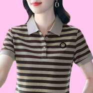 洱櫻翻領T恤中年婦女夏季帶領短袖有帶戴領子的體恤2024新款條紋女洋 咖色 XL建議115-130