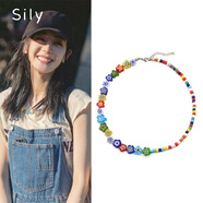 思梨迪麗熱巴同款項鏈彩色琉璃珠高級感花朵串珠百搭送女友禮物鎖骨鏈 主圖款(琉璃花色隨機)