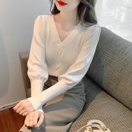 莉紗芙特2024泡泡袖加厚毛衣外穿半高領(lǐng)針織打底衫修身上衣女 白色 均碼