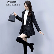 衣典零一 兩件套21年秋裝新款秋冬季女裝時(shí)尚氣質(zhì)休閑女士西服小香風(fēng)格子毛呢小西裝外套女短褲職業(yè)裝套裝 黑色 L