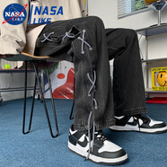 NASALIKE直筒牛仔褲男潮流百搭交叉綁帶抽繩闊腿褲港風(fēng)潮牌設(shè)計感長褲子男 黑色 XL