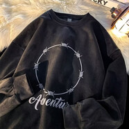 鹿凌青春秋季長(cháng)袖T恤男寬松麂皮絨上衣服衛衣男女情侶青少年冬季打底衫 E03黑色 常規 2XL （133-148斤）