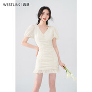 西遇V領(lǐng)泡泡袖連衣裙女2026年早夏新款法式褶皺收腰修身包臀裙子 黃色 XL