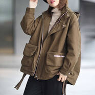 萌菲思肥胖女裝外套女大碼韓版休閑寬松工裝連帽棉服200斤胖妹妹秋冬遮肚子顯瘦棉衣 卡其色 大碼均碼【建議100-200斤】