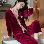 KJ睡衣女本命年紅色家居服長袖睡衣睡褲套裝金絲絨可外穿結(jié)婚新娘 1358酒紅色 L(100-125斤可穿)