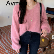 Avmko新款秋冬寬松顯瘦慵懶風(fēng)燈籠袖馬海毛V領(lǐng)毛衣女套頭外穿針織衫 粉色 M