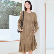 布景連衣裙女秋季麻花針織長(zhǎng)袖圓領(lǐng)魚尾長(zhǎng)裙女 卡其色 L