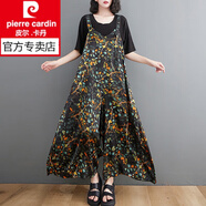 皮爾卡丹（pierre cardin）女裝褲子夏背帶褲遮肉裙褲顯瘦闊腿褲碎花褲子夏季吊帶連體褲夏天 黑色金 均碼