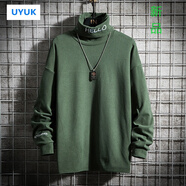 UYUK胖子日系刺繡高領(lǐng)長袖打底衫男大碼寬松韓版潮流痞帥百搭休閑衛(wèi)衣 墨綠色 L 110-130斤可選