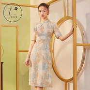 花木深【吳謹言同款】旗袍改良版連衣裙女刺繡高腰裙真絲裙子禮服 淺黃 XS