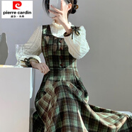 初徑2025春秋新款森系復(fù)古假兩件長袖連衣裙女收腰拼接顯瘦格子長裙子 綠色 S