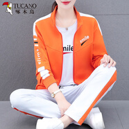 啄木鳥廣場(chǎng)舞服裝新款套裝女休閑運(yùn)動(dòng)服春秋裝跑步減齡遮肉三件套 橙色三件套[外套+短袖+褲子] L (推薦95-110斤)